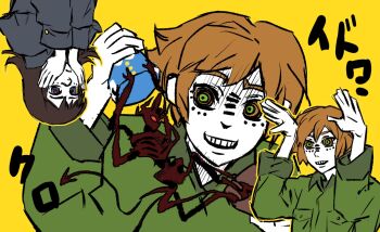 1boy 1girl abaddon_(demon)_(haunted_hotel) abaddon_(haunted_hotel) brown_eyes brown_hair commentary creature demon esther_freeling green_pupils haunted_hotel highres matryoshka_(vocaloid) matryoshka_doll parody repeeksdnuorg short_hair simple_background symbol-only_commentary upper_body yellow_background