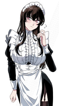 1girl blush breasts brown_hair character_request collar commentary flustered fufu_(fufuichi04) highres large_breasts lingerie long_hair maid maid_headdress mana_(fufuichi04) red_eyes simple_background solo symbol-only_commentary thigh_peek thighhighs underwear white_background wide_hips