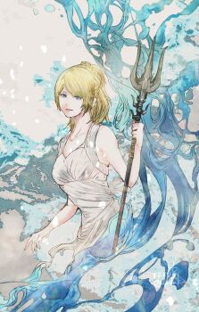 1girl bare_arms bare_shoulders blonde_hair blue_eyes braid breasts commentary copyright_name dress final_fantasy final_fantasy_xv holding holding_polearm holding_weapon lunafreya_nox_fleuret medium_breasts open_mouth polearm ponytail ponytail_with_braided_base ruka_(blueplus84) short_hair solo trident twitter_username water weapon white_dress
