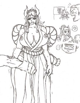 ... 1boy 1girl bathroom breasts cleavage embarrassed fingering hakama high_ponytail highres huge_breasts japanese_clothes long_hair looking_at_another monochrome no_bra one_piece ponytail simple_background sweat translation_request trembling very_long_hair what white_background wide_hips wrato yamato_(one_piece)