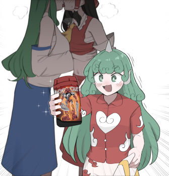 3girls :d absurdres ascot bionicle black_hair blue_skirt breasts breath bright_pupils chest_sarashi cloud_print collared_shirt commentary cowboy_shot curly_hair detached_sleeves english_commentary french_kiss frilled_shirt_collar frills green_eyes green_hair hakurei_reimu highres kariyushi_shirt kiss kochiya_sanae komano_aunn large_breasts long_hair long_skirt looking_at_viewer mata_(matasoup) multiple_girls navel open_mouth red_shirt red_skirt saliva sarashi shirt shorts skirt skirt_set sleeveless sleeveless_shirt smile solo_focus sparkle tahu_(bionicle) the_lego_group tongue tongue_out touhou white_background white_pupils white_shirt white_shorts white_sleeves yellow_ascot yuri