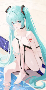 1girl absurdres alternate_breast_size_(larger) alternate_costume aqua_eyes aqua_hair aqua_nails arm_tattoo bikini black_bikini black_choker breasts choker feet fieryonion hatsune_miku highres knee_up large_breasts long_hair looking_at_viewer number_tattoo open_clothes pool poolside sitting smile soaking_feet solo swimsuit tattoo twintails untied_bikini very_long_hair vocaloid