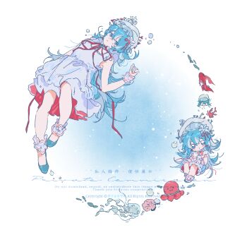 Rule 34 | 1girl, beret, blue eyes, blue gem, blue hair, blue shoes, bubble, chibi, chibi inset, closed mouth, commission, coral, dot nose, dress, fish, flower, full body, gem, hair between eyes, hair ornament, hat, hat ornament, highres, jintian de hao yueye youdian sang, long hair, mihuashi commission, multiple views, octopus, original, red ribbon, ribbon, shoes, sidelocks, square, watermark, white background, white dress, white flower, white hat