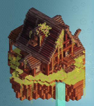 absurdres architecture block_(minecraft) building commentary door english_commentary floating_island grass highres house in-universe_location isometric kt_(swiftlyswan) minecraft minecraft_youtube no_humans official_style origins_smp plant scenery the_pube_(origins_smp) vines water waterfall