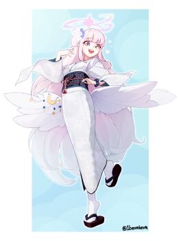 1beombeom 1girl absurdres angel_wings blue_archive feathered_wings flower hair_bun hair_flower hair_ornament halo highres japanese_clothes long_hair looking_at_viewer low_wings mika_(blue_archive) open_mouth pink_hair pink_halo single_side_bun solo white_wings wing_ornament wings yellow_eyes