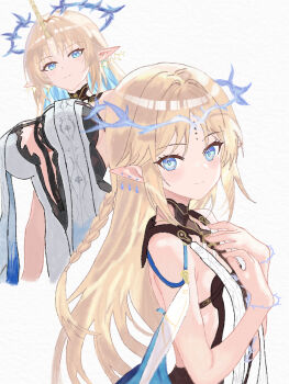 2girls bare_arms bare_shoulders blonde_hair blue_eyes blush breasts cartethyia_(wuthering_waves) cleavage earrings fleurdelys_(wuthering_waves) highres horns jewelry long_hair looking_at_viewer multiple_girls nanaya_gb pointy_ears single_horn sleeveless smile strapless tacet_mark_(wuthering_waves) wuthering_waves