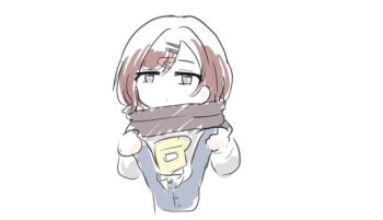 Rule 34 | 1girl, black jacket, brown hair, brown scarf, character doll, doll, formal clothes, grey necktie, hair ornament, hairclip, higuchi madoka, holding, holding doll, idolmaster, idolmaster shiny colors, jacket, kawamochi (kawauti919), long sleeves, necktie, p-head producer, producer (idolmaster), purple eyes, scarf, shirt, simple background, solo, suit, upper body, white background, white shirt