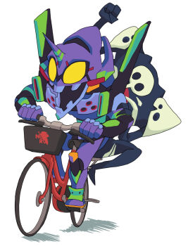 Rule 34 | angel (evangelion), bicycle, black eyes, eva 01, evangelion (mecha), gashi-gashi, highres, neon genesis evangelion, no humans, open mouth, riding, riding bicycle, sachiel (evangelion), simple background, solid eyes, white background, yellow eyes