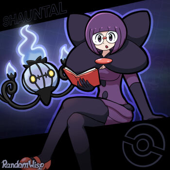 1girl arm_support artist_name black_gloves black_pantyhose blunt_bangs bob_cut book bow breasts buttons chandelier chandelure cleavage crossed_legs elbow_gloves fire gen_5_pokemon ghost glasses gloves highres holding holding_book large_bow low-cut medium_breasts neck_pillow nintendo open_mouth pantyhose pokemon pokemon_(creature) pokemon_bw purple_eyes purple_fire purple_hair purple_skirt randomwisp rimless_eyewear round_eyewear shauntal_(pokemon) short_hair skirt yellow_eyes