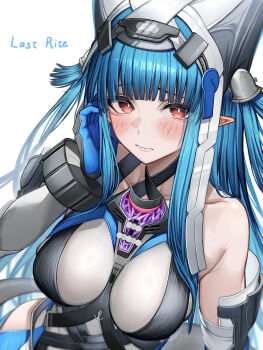 1girl absurdres arknights arknights:_endfield bare_shoulders blue_gloves blue_hair blush bodysuit breasts character_name check_clothing closed_mouth clothing_request collarbone commentary_request gloves grey_bodysuit hand_up hat highres large_breasts last_rite_(arknights) long_hair looking_at_viewer orange_eyes pointy_ears sidelocks simple_background solo tab_head white_background white_hat