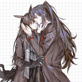 2boys absurdres animal_ears armor black_coat black_eyes black_gloves black_hair black_pants black_robe black_tail blue_hair chin_rest closed_eyes coat collared_shirt gloves grid_background hair_between_eyes head_hug head_on_head head_rest heishou_pack-wu_branch_(identity)_(project_moon) highres hong_lu_(project_moon) horse_boy horse_ears horse_tail hug limbus_company long_hair long_sleeves multiple_boys necktie one_eye_closed pants parted_lips project_moon red_necktie robe shirt stole tail tears tears_from_one_eye very_long_hair white_shirt xiaorourose yi_sang_(project_moon)