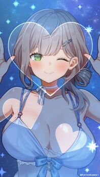 1girl bikini blue_background blue_bikini blush commentary_request green_eyes grey_hair heart highres hololive one_eye_closed shirogane_noel solo swimsuit torinokawori upper_body virtual_youtuber
