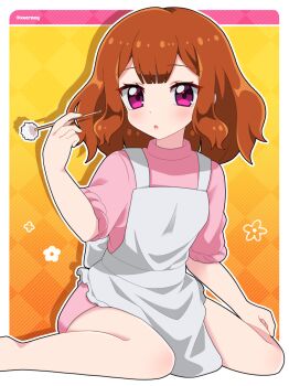 1girl apron atachi_mimi border brown_hair commentary_request dress kura_(xxcracy) looking_at_viewer medium_hair mimikaki open_mouth pink_dress purple_eyes solo white_apron white_border yellow_background yu-gi-oh! yu-gi-oh!_sevens