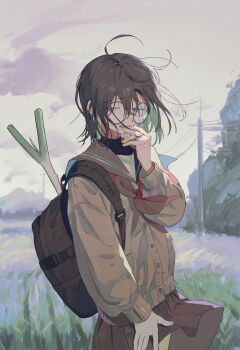 1girl absurdres ahoge backpack bag biting blurry blurry_background brown_cardigan brown_hair brown_skirt cardigan colored_inner_hair commentary cowboy_shot dark_skin dobunomeme field food glasses green_eyes green_hair grey_sky half-closed_eyes highres long_sleeves looking_at_viewer messy_hair multicolored_hair nail_biting neckerchief original outdoors red_neckerchief short_hair skirt sky solo spring_onion symbol-only_commentary tree utility_pole