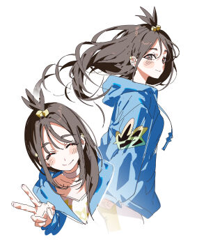 1girl 5oh5s2 absurdres black_hair blue_hoodie blush choker closed_eyes closed_mouth cube_hair_ornament earclip grey_eyes hair_ornament highres hood hood_down hoodie jacket leggings lida_(pokemon) long_hair long_sleeves nintendo orange_leggings pokemon pokemon_legends:_z-a shirt simple_background smile topknot two-tone_legwear v white_background white_choker white_leggings white_shirt wispy_bangs