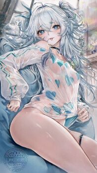 1girl absurdres black_choker blue_eyes blue_hair blue_nails bottomless choker commentary florence_(girls&#039;_frontline_2) girls&#039;_frontline girls&#039;_frontline_2:_exilium heart heart-shaped_pupils heart_print highres long_hair long_sleeves looking_at_viewer official_alternate_costume pa-15_(girls&#039;_frontline) pa-15_(marvelous_yam_pastry)_(girls&#039;_frontline) print_shirt puffy_long_sleeves puffy_sleeves renoahh see-through_clothes see-through_shirt shirt sitting skindentation solo symbol-shaped_pupils thigh_strap tongue tongue_out watermark white_shirt