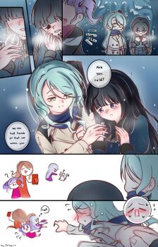 5girls ? ?? aqua_hair bang_dream! black_hair blue_scarf blush brown_hair cat catching closed_eyes coat grey_hair hand_blush highres hikawa_sayo holding holding_hands holding_phone imai_lisa long_hair looking_at_another minato_yukina multiple_girls non-web_source nose_blush phone purple_hair running scarf shirokane_rinko simple_background smile snow thinking tree twintails udagawa_ako white_background winter winter_clothes winter_coat yuri zevi_(zevi_ii)