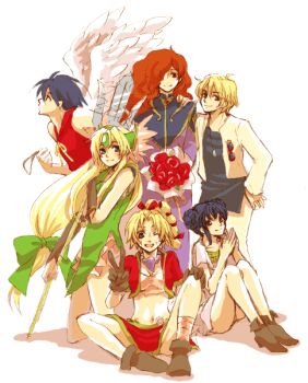 00s 1990s_(style) 2boys 4girls bad_id bad_pixiv_id black_hair blonde_hair bouquet chrono_(series) chrono_cross creator_connection crossover daisuke_aurora dararira flower heat_guy_j kid_(chrono_cross) long_hair low-tied_long_hair multi-tied_hair multiple_boys multiple_crossover multiple_girls navel one_eye_closed retro_artstyle riesz rose seiken_densetsu seiken_densetsu_3 tenkuu_no_escaflowne tony_(toward_the_terra) toral26 toward_the_terra v van_fanel wings wink