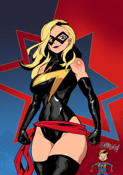 1girl black_gloves black_thighhighs blonde_hair blue_eyes breasts captain_marvel carol_danvers commentary domino_mask dual_persona elbow_gloves english_commentary english_text eye_mask gloves heattech_leotard highleg highleg_leotard highres impossible_clothes impossible_leotard kukuruyo large_breasts leotard long_hair marvel mask ms._marvel short_hair solo superhero_costume thighhighs turtleneck