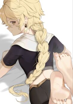 1boy aether_(genshin_impact) back barefoot black_pants black_shirt blonde_hair braid braided_ponytail closed_mouth crop_top earrings feet genshin_impact hair_between_eyes highres jewelry long_hair looking_back male_focus pants sahi00000 shirt single_braid single_earring solo toes yellow_eyes