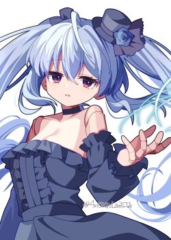 Rule 34 | 1girl, 4rion, absurdres, ahoge, bare shoulders, black bow, black choker, black dress, black hat, bow, breasts, center frills, choker, commentary, cowboy shot, doll, doll joints, dress, eyelashes, floating hair, frilled dress, frills, grey hair, hair bow, hand up, hat, highres, joints, long hair, miniskirt, orchis, parted lips, red eyes, shadowverse, shadowverse: worlds beyond, sidelocks, skirt, small breasts, solo, strapless, strapless dress, top hat, twintails, twitter username, very long hair