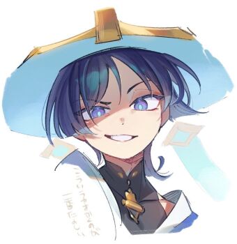 Rule 34 | 1boy, black bodysuit, black hair, blue hat, blue pupils, blunt ends, bodysuit, covered collarbone, cropped torso, eyeliner, eyeshadow, genshin impact, gold, hat, japanese clothes, jingasa, kimono, looking at viewer, makeup, male focus, mandarin collar, open mouth, purple eyes, red eyeliner, red eyeshadow, scaramouche (genshin impact), shoulder peek, smirk, solo, translation request, tsurime, ukata, wanderer (genshin impact), white kimono, white mouth, wispy bangs