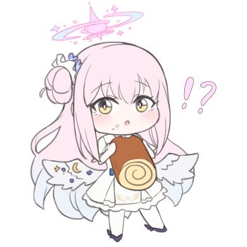 !? 1girl :o angel_wings black_shoes blue_archive blush capelet chibi chinese_commentary commentary cream_cod crescent_moon crumbs dress english_commentary flower food frilled_dress frills full_body hair_between_eyes hair_bun hair_flower hair_ornament halo high-waist_skirt high_heels highres holding holding_food long_hair low_wings medium_dress mika_(blue_archive) mixed-language_commentary moon one_side_up open_mouth overskirt pantyhose pink_hair pink_halo pumps purple_flower shoes simple_background single_side_bun skirt solo underbust very_long_hair white_background white_capelet white_dress white_pantyhose white_skirt wings yellow_eyes