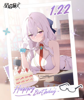 1girl absurdres bare_shoulders birthday_cake blush breasts cake cake_slice canace_(stella_sora) chinese_commentary closed_mouth commentary_request dated food gloves hair_between_eyes hand_up happy_birthday highres large_breasts long_hair necktie official_art purple_eyes red_necktie solo stella_sora white_gloves white_hair