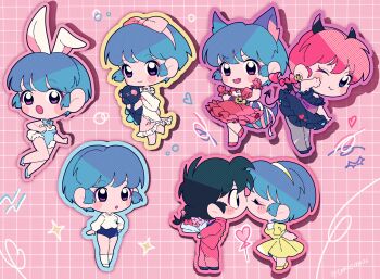 absurdres animal_ears blush blush_stickers cat_ears chibi closed_eyes couple dress gloves heart highres kiss leotard one_eye_closed open_mouth playboy_bunny rabbit_ears ranma-chan ranma_1/2 red_gloves saotome_ranma smile tendou_akane tomoe00022 yellow_dress