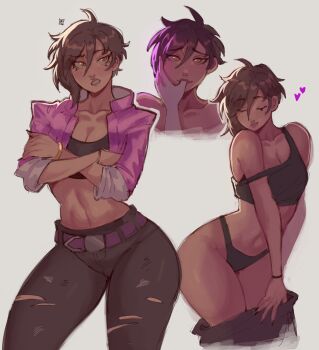 1girl absurdres belt black_hair black_panties black_pants blush brown_eyes closed_eyes closed_mouth cropped_jacket dispatch ear_piercing finger_in_another&#039;s_mouth grey_background hair_between_eyes heart highres invisigal jacket lips looking_at_viewer midriff navel panties pants piercing pink_jacket purple_belt short_hair simple_background stomach underwear widisu