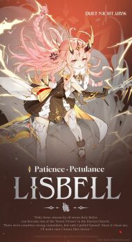 1girl back_bow black_shoes bow braid character_name commentary copyright_logo copyright_notice dress duet_night_abyss english_commentary english_text hair_between_eyes hair_ornament highres holding holding_weapon horns lisbell_(duet_night_abyss) logo long_hair official_art pink_eyes pink_hair shoes solo thighhighs very_long_hair weapon white_thighhighs yellow_bow