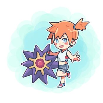 1girl :d artist_request asymmetrical_hair blue_eyes blue_shorts blush blush_stickers bright_pupils chibi crop_top denim denim_shorts eyelashes gen_1_pokemon hair_tie holding holding_poke_ball leg_up looking_at_viewer midriff misty_(pokemon) nintendo open_mouth orange_hair poke_ball poke_ball_(basic) pokemon pokemon:_let's_go_pikachu!_and_let's_go_eevee! ponytail shirt shoes short_hair short_shorts shorts side_ponytail sleeveless sleeveless_shirt smile solo standing standing_on_one_leg starmie suspenders teeth upper_teeth_only w white_pupils white_shirt