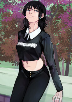 1girl black_hair black_pants black_shirt chainsaw_man closed_mouth commentary copyright_name cropped_shirt dakaeya english_commentary grey_eyes half-closed_eyes highres jewelry long_hair long_sleeves looking_at_viewer midriff mifune_fumiko navel navel_piercing pants piercing ring shirt smile solo