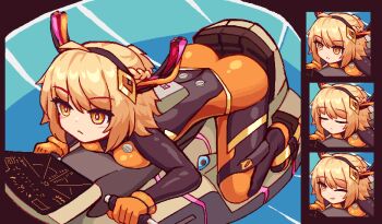 1girl animated animated_gif black_headband black_jumpsuit braid closed_eyes closed_mouth cockpit commentary english_commentary full_body gloves grin half_up_braid handlebar headband highres holding_handlebar jumpsuit looking_to_the_side looping_animation lynte mecha_pilot_suit medium_hair multiple_views one_eye_closed orange_gloves orange_hair orange_jumpsuit original parted_lips sexually_suggestive sidelocks smile two-tone_jumpsuit vehicle_interior yellow_eyes