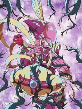 Rule 34 | 1other, arm shield, armor, commentary request, digimon, digimon (creature), digimon focus, flower, from side, helmet, highres, hoisotsu01, holding, holding flower, holding shield, knight, lordknightmon, other focus, pink armor, pink helmet, plant roots, purple sky, red flower, red rose, ribbon, rose, shield, sky, thorns, upper body, yellow ribbon
