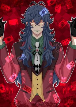 1boy absurdres antenna_hair blazer blue_hair card collared_shirt commentary_request crossed_bangs floating_card green_lips green_shirt hair_between_eyes half-closed_eyes highres jacket ju_(mahjong_soul) koruri456 long_hair long_sleeves looking_at_viewer mahjong_soul male_focus necktie open_mouth playing_card red_background red_jacket shirt smile solo teardrop_facial_mark upper_body vest white_necktie yellow_eyes yellow_vest