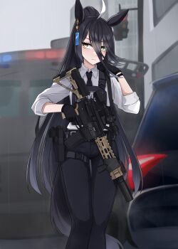 Rule 34 | 1girl, absurdres, ahoge, animal ears, assault rifle, belt, black gloves, black hair, black necktie, bulletproof vest, car, collared shirt, commentary, ear tag, earrings, gloves, gun, hair between eyes, handgun, highres, holding, holding gun, holding weapon, holster, horse ears, horse girl, horse tail, ibuki grunt, jewelry, long bangs, long hair, long hair between eyes, long sleeves, manhattan cafe (umamusume), mixed-language commentary, motor vehicle, multicolored hair, necktie, outdoors, police, police uniform, policewoman, ponytail, rifle, shirt, single earring, solo, tail, traffic light, umamusume, very long hair, vest, weapon, white hair, white shirt, yellow eyes