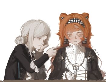 2girls :o absurdres argyle_clothes argyle_hairband black_eyes black_hairband character_request check_character chinese_commentary collared_shirt commentary_request dated frilled_shirt frills gloves green_eyes hairband half-closed_eyes highres looking_at_another looking_to_the_side multicolored_hairband multiple_girls nib_pen_(object) orange_hair parted_lips partial_commentary pen playing_with_another's_hair qian. reverse:1999 shirt signature simple_background sonetto_(reverse:1999) swept_bangs table two-tone_hairband two_side_up vertin_(reverse:1999) white_background white_gloves white_hair white_hairband white_shirt