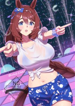1girl animal_ears bikini blue_bikini blue_bow blue_eyes blue_scrunchie blue_shorts blush bow braid braided_ponytail breasts brown_hair commentary_request cowboy_shot floral_print gaze_on_me!_outfit_(umamusume) hair_between_eyes highres horse_ears horse_girl horse_tail large_breasts long_hair multicolored_hair navel oekakikamui open_mouth scrunchie see-through_clothes shirt short_sleeves shorts smile stage stomach streaked_hair super_creek_(umamusume) sweat swimsuit tail tied_shirt twitter_username umamusume very_long_hair watermark white_hair white_shirt wrist_scrunchie