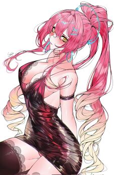 1girl aemeath_(wuthering_waves) bare_shoulders black_thighhighs blonde_hair blush breasts cleavage commentary dress earrings hair_between_eyes hair_ornament hairclip highres jewelry lace lace-trimmed_thighhighs lace_trim looking_at_viewer multicolored_hair no_bra pants pink_hair ponytail red_dress red_pants sanya_(sanya_lox228) signature simple_background solo thighhighs white_background wuthering_waves yellow_eyes