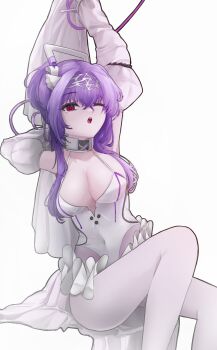 1girl :o arm_up armpits bare_shoulders bell_sleeves blabbit breasts choker cleavage collarbone commentary covered_navel crossed_bangs detached_sleeves dress english_commentary eyelashes frilled_sleeves frills goddess_of_victory:_nikke hair_between_eyes hair_intakes hairband highres juliet_sleeves leotard liberalio_(nikke) long_bangs long_hair long_sleeves medium_breasts open_mouth pantyhose puffy_sleeves purple_hair purple_trim red_eyes sitting solo stretching tears teeth tongue upper_teeth_only white_choker white_dress white_hairband white_leotard white_pantyhose wire yawning