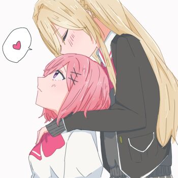 07kz 2girls amaori_renako black_jacket blazer blonde_hair blush bow bowtie closed_eyes closed_mouth commentary hand_on_another&#039;s_shoulder heart highres jacket kissing_head long_hair medium_hair multiple_girls ouzuka_mai pink_bow pink_bowtie pink_hair purple_eyes shirt simple_background spoken_heart watashi_ga_koibito_ni_nareru_wake_naijan_murimuri! white_background white_shirt yuri