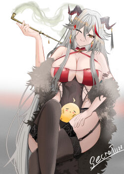 1girl absurdres aegir_(azur_lane) aegir_(golden_dragon_among_auspicious_clouds)_(azur_lane) artist_name azur_lane backward-facing_horns bare_shoulders black_garter_straps black_horns black_thighhighs breasts cleavage commentary criss-cross_halter crossed_legs dragon_print earrings framed_breasts garter_straps german_commentary grey_background grey_hair hair_between_eyes hair_on_horn halterneck highres holding holding_smoking_pipe horns jewelry lace lace-trimmed_thighhighs lace_trim large_breasts long_hair looking_at_viewer manjuu_(azur_lane) multicolored_hair official_alternate_costume one_eye_closed red_streaks secret1122 sideless_outfit simple_background skindentation smoke smoking_pipe solo streaked_hair thighhighs very_long_hair yellow_eyes