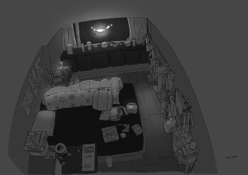 absurdres backpack bag bedroom blue_whale book book_stack chair clothes_hanger crying desk greyscale highres katana kit model monochrome non-web_source oboreru_kujira original perspective pillow self-upload sketch stack sword wallpaper_(object) weapon