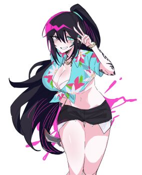absurdres aqua_eyes bare_legs black_eyes blood blood_splatter bra bracelet breasts cleavage collared_shirt cowboy_shot genderswap genderswap_(mtf) hairband hawaiian_shirt heterochromia high_ponytail highres holding_karambit hong_lu_(project_moon) jewelry karambit large_breasts limbus_company looking_at_viewer navel necklace ponytail project_moon sei02080308 shirt shorts smile sparkle tattoo thighs tied_shirt tingtang_boss_(project_moon) tingtang_gang_(identity)_(project_moon) underwear v