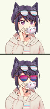 1other absurdres animal_ear_fluff animal_ears aqua_nails bisexual bisexual_flag brand_name_imitation cat_ears covered_mouth cup deal_with_it_(meme) drawstring ear_piercing eyewear_on_head highres hood hood_down lgbt_pride long_sleeves meme multiple_views nail_polish original pas'_black-haired_catperson pas_(paxiti) piercing pink_nails purple_eyes ray-ban short_hair simple_background split_screen teacup tinted_eyewear transgender_flag upper_body yellow_background