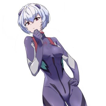 1girl ayanami_rei black_bodysuit blue_hair bodysuit breasts commission dutch_angle evangelion:_3.0+1.0_thrice_upon_a_time hand_on_own_chin hand_on_own_hip hanten_(hantennano) highres interface_headset_(evangelion) looking_at_viewer mecha_pilot_suit neon_genesis_evangelion plugsuit_(evangelion) rebuild_of_evangelion red_eyes short_hair simple_background solo white_background