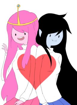 2girls 6_(yuchae) adventure_time back-to-back black_hair colored_skin gem grey_skin heart long_hair marceline_abadeer multiple_girls pink_hair pink_skin princess_bonnibel_bubblegum skirt smile sweater tiara turtleneck yuri