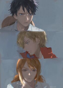 1girl 2boys black_eyes black_hair blonde_hair brown_eyes closed_mouth commentary curly_eyebrows facial_hair facial_scar hat hhyy090 long_hair low_twintails monkey_d._luffy multiple_boys nami_(one_piece) official_alternate_costume one_piece orange_hair profile sanji_(one_piece) scar scar_on_cheek scar_on_face serious shirt short_hair straw_hat twintails twitter_username unworn_headwear upper_body wavy_hair white_shirt