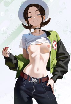 1girl :3 absurdres belt black_choker black_pants black_sleeves breasts brown_belt brown_hair choker closed_mouth clothes_lift contrapposto cowboy_shot green_background green_jacket grey_eyes hand_in_pocket hand_on_own_hip harmony_(pokemon) hat highres holding holding_poke_ball jacket looking_at_viewer medium_hair multicolored_jacket navel nintendo nipples off_shoulder open_clothes open_jacket otokakoto pants poke_ball pokemon pokemon_legends:_z-a shirt shirt_lift short_hair sidelocks small_breasts smug solo split_mouth two-tone_jacket white_hat white_shirt